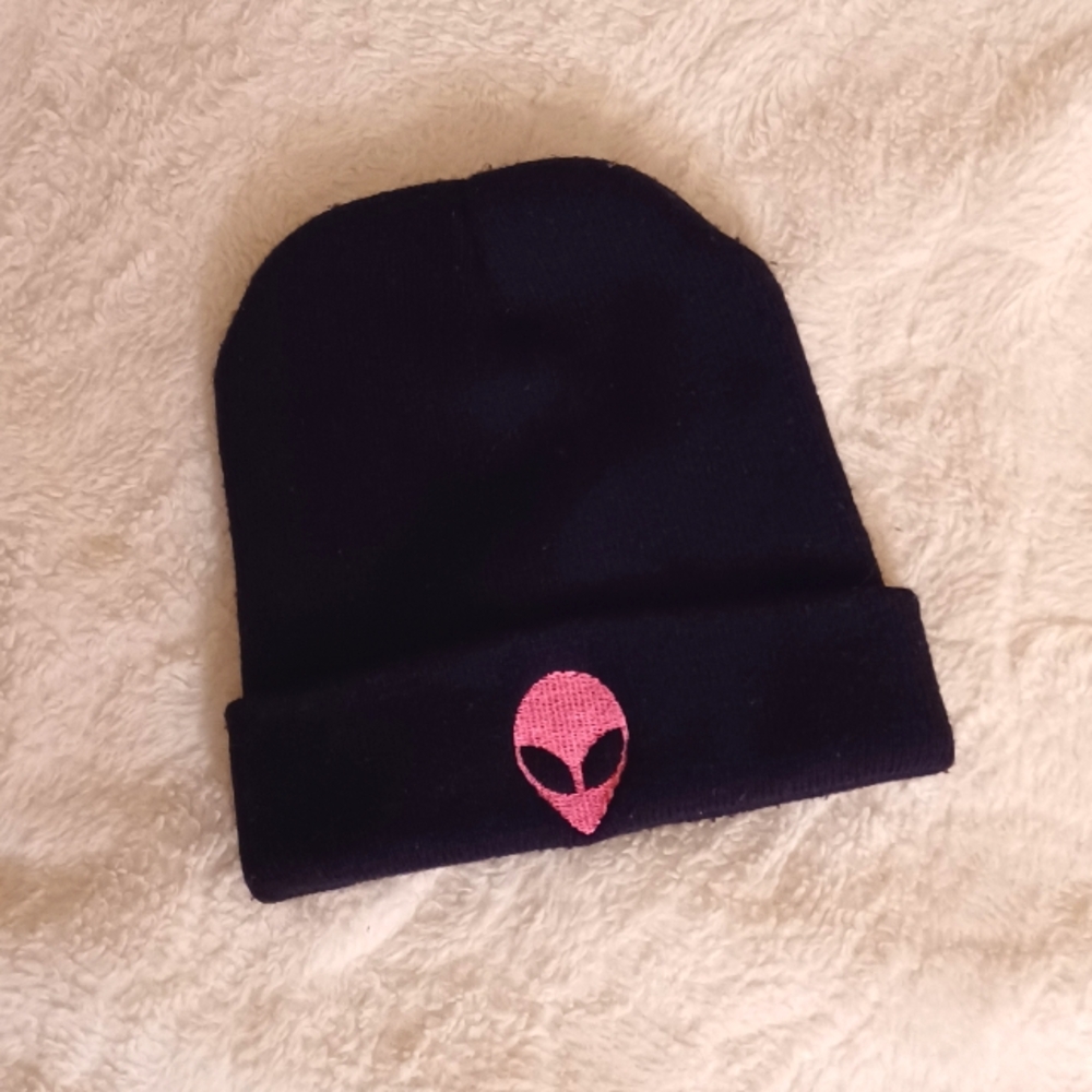 Pink Alien Embroidered Black Beanie